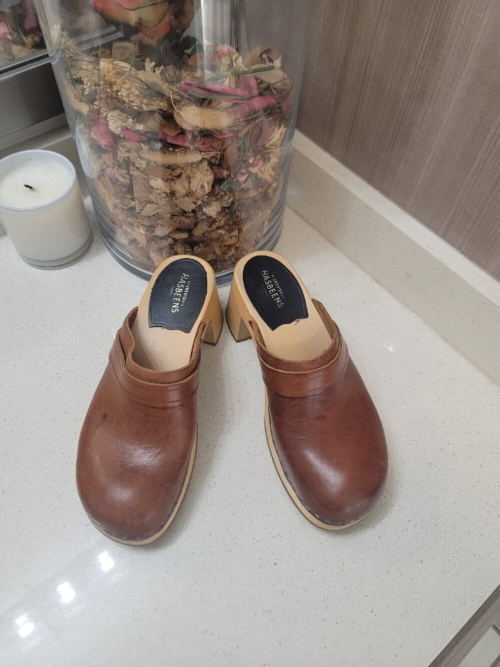 SWEDISH HASBEENS Clogs Classic Leather Wood Platform Mule Brown SZ 39/8.5 - Picture 2 of 8